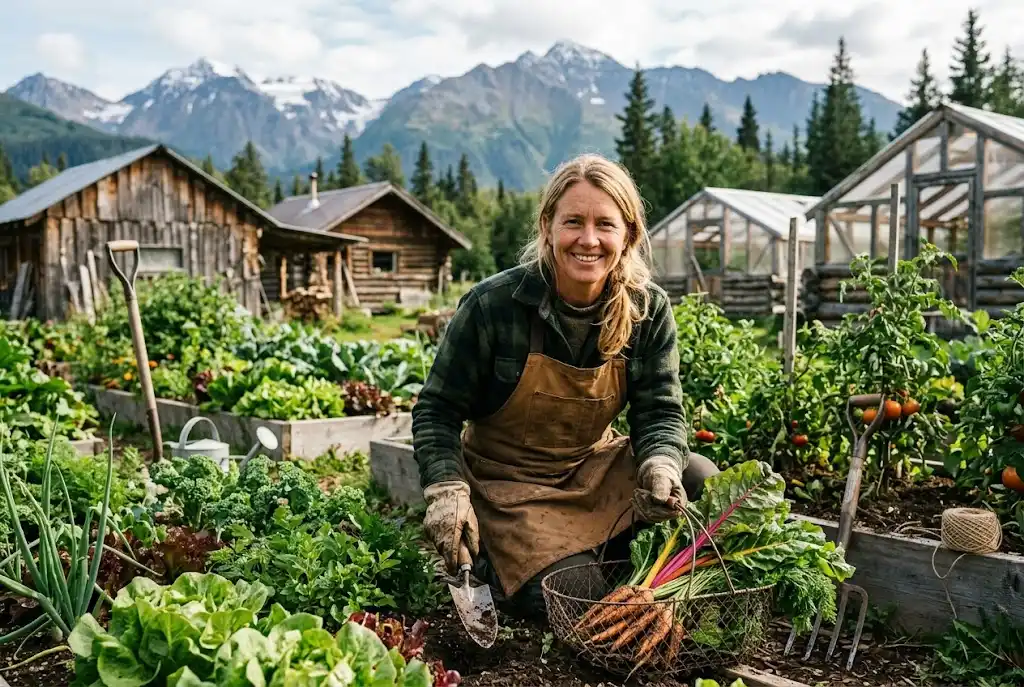 Eve Kilcher in an Alaskan homestead garden