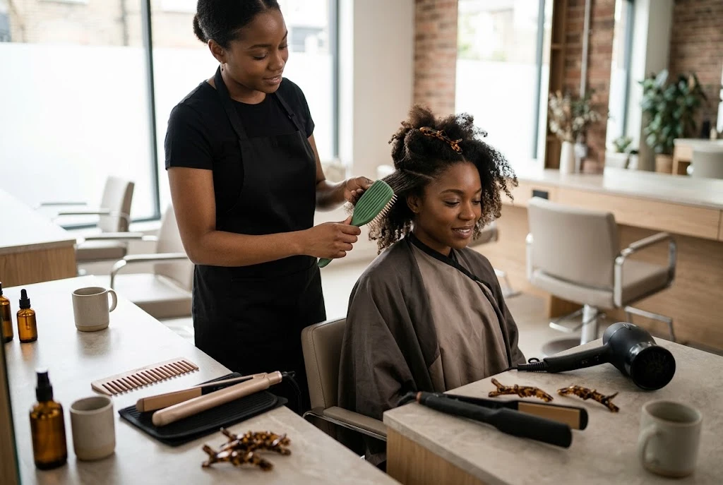 Mastering Multi-Cultural Hair: Choosing the Right Tools & Techniques Stylist using professional hair tools on natural coily hair in a salon