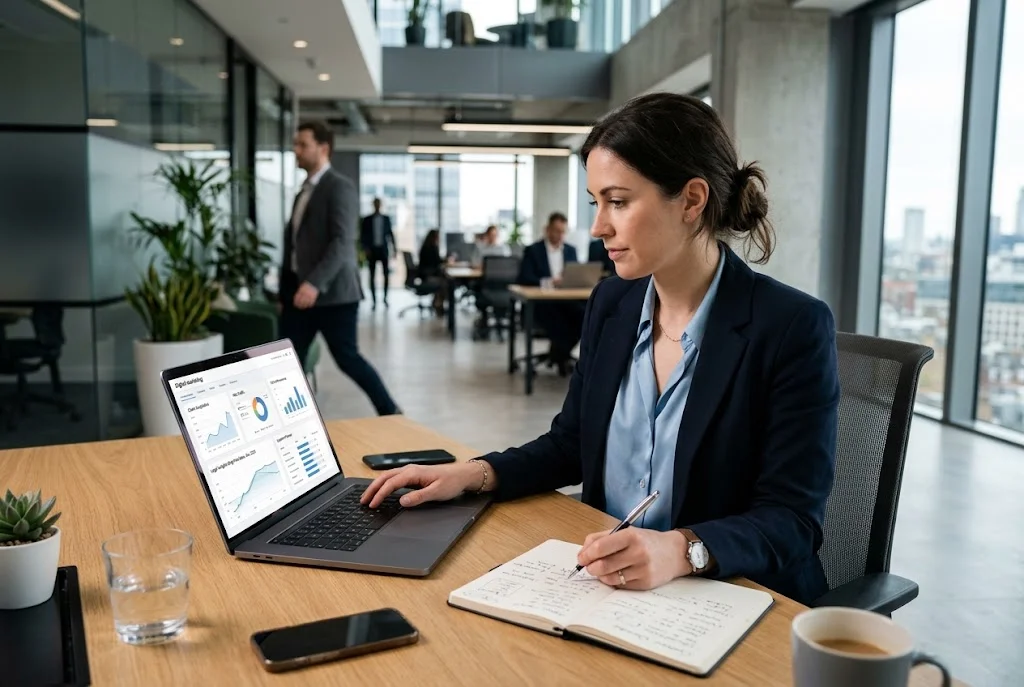 Solicitor reviewing digital marketing strategy and website analytics in a UK law office