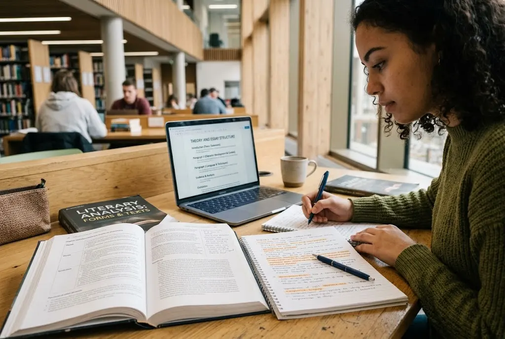 English literature textbook and essay notes on a study desk