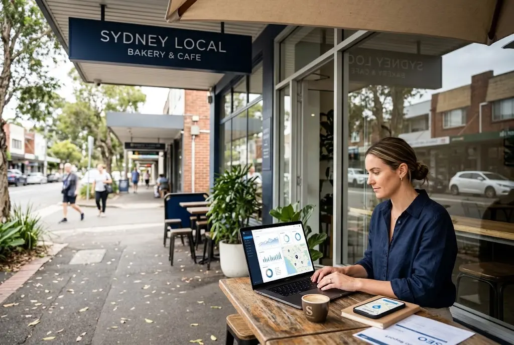 Local SEO Services for Sydney Businesses: A Practical Guide to Local Growth Sydney business owner using a laptop for local SEO marketing