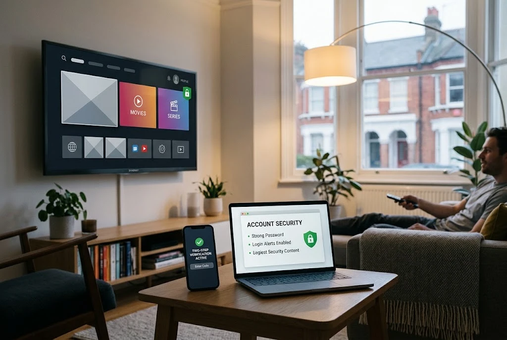 Smart TV and connected devices representing secure streaming account protection