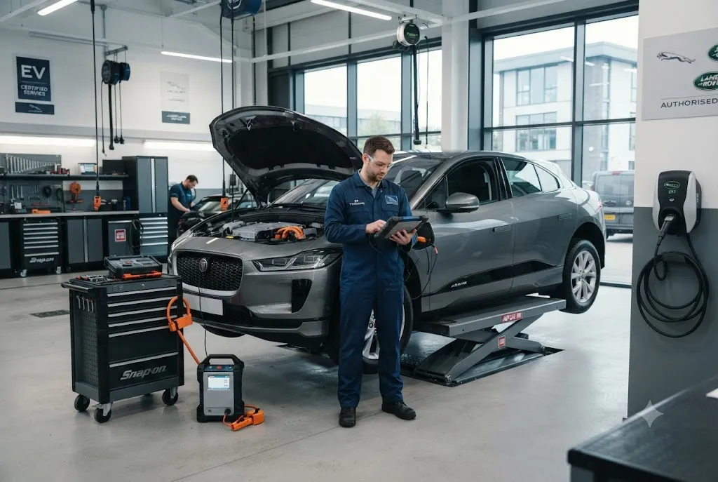 EV servicing at a modern UK electric vehicle workshop
