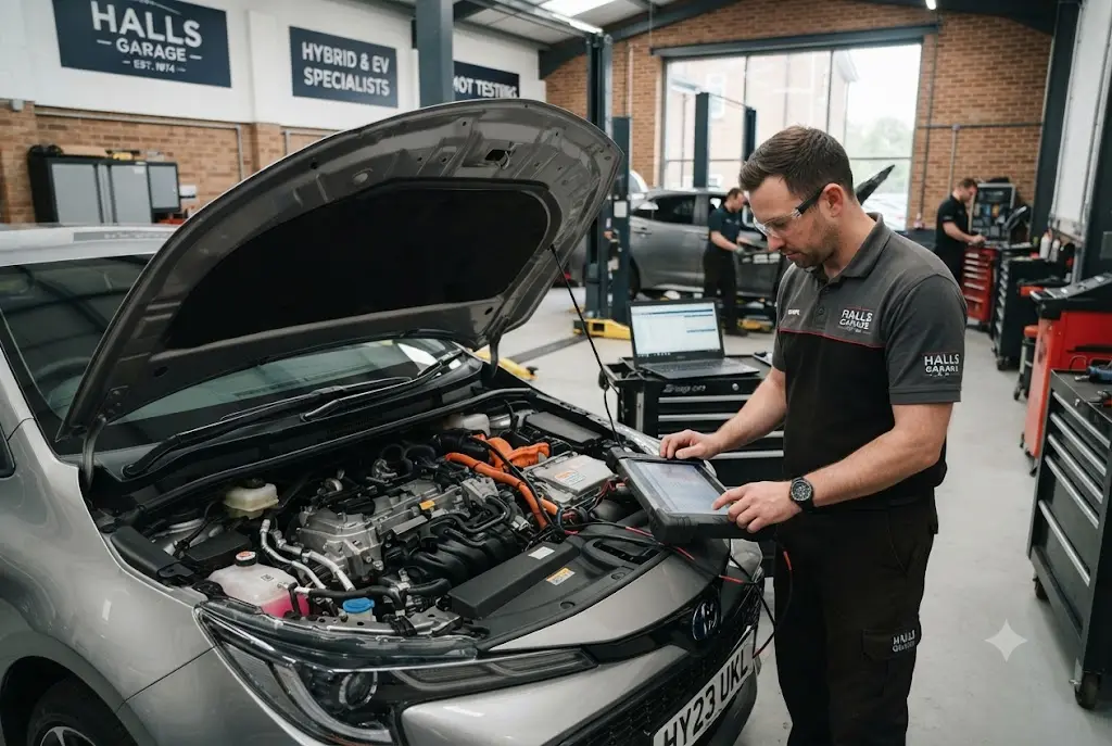 Hybrid servicing at a modern UK automotive workshop