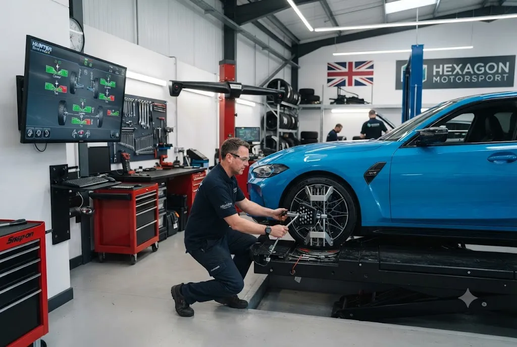 Wheel alignment using digital alignment sensors in a UK automotive workshop