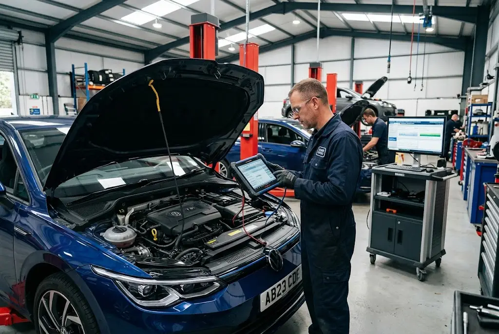 Auto inspection services using digital diagnostics in a UK automotive workshop