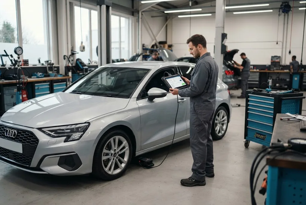 Auto Inspection Services: Smart Vehicle Diagnostics for Modern Vehicles Auto inspection services using smart vehicle diagnostics in a modern garage