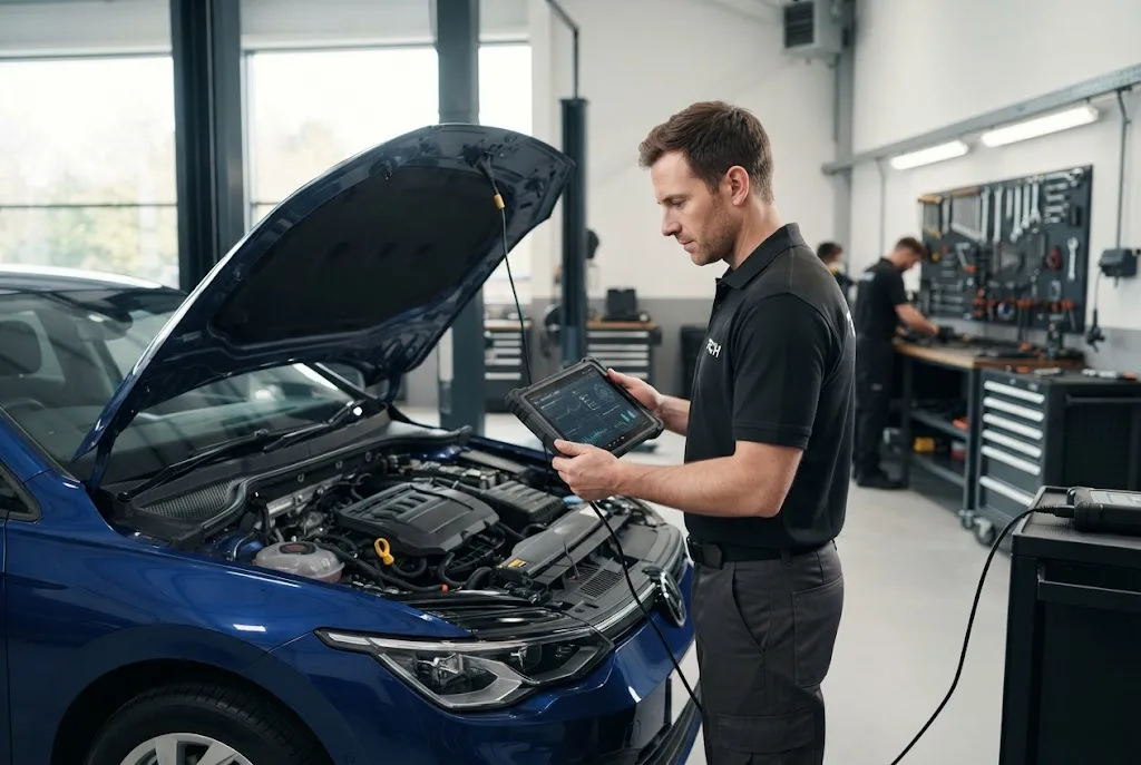 Auto Repair Services: How AI Is Changing Vehicle Repairs Auto repair services using AI vehicle diagnostics in a modern UK workshop