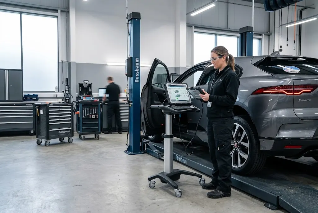 Auto services using digital vehicle technology in a modern UK garage
