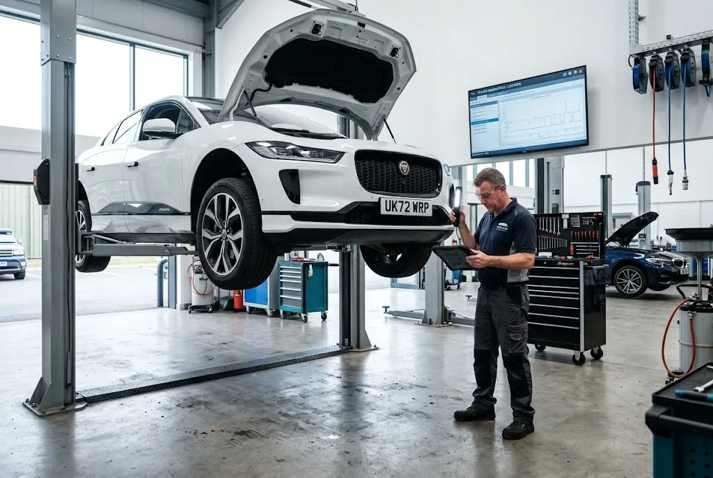 Car servicing with digital diagnostics in a modern UK automotive workshop