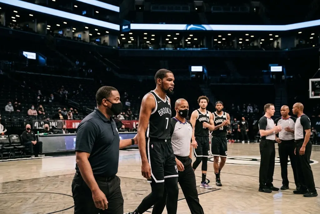 Kevin Durant Pulled from Game Due to Health and Safety Protocols Kevin Durant leaving a basketball game during health and safety protocols