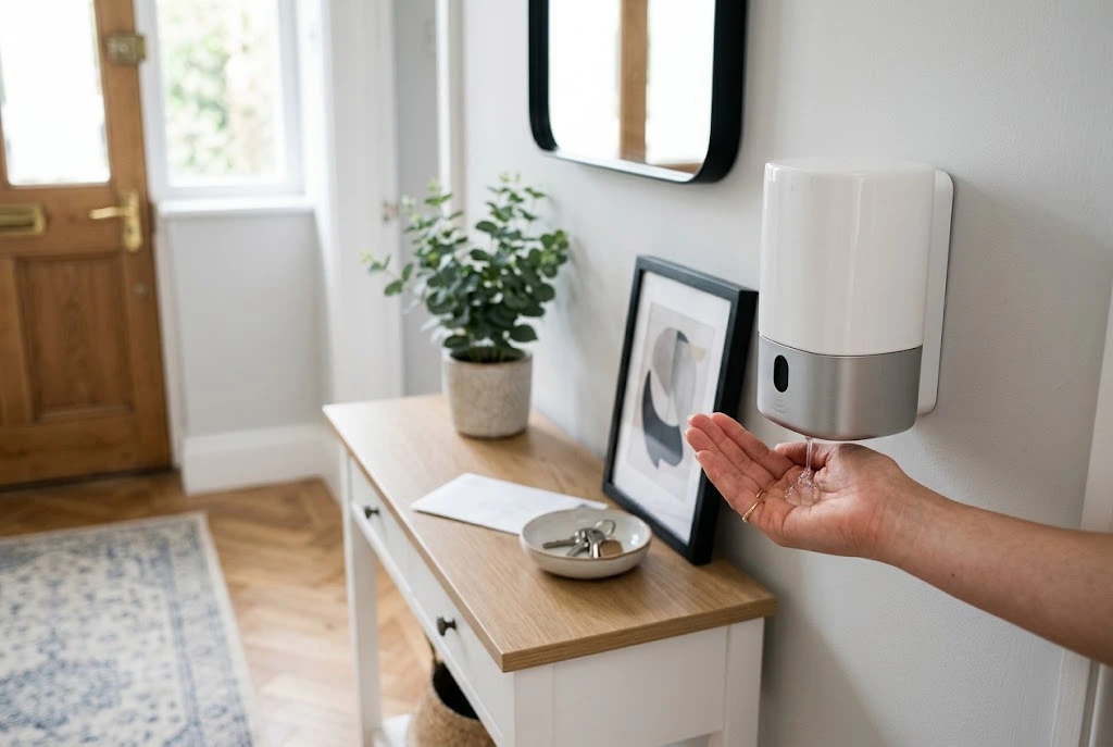 Top Touchless Hand Sanitizer Dispensers for Homes Touchless hand sanitizer dispenser being used in a home