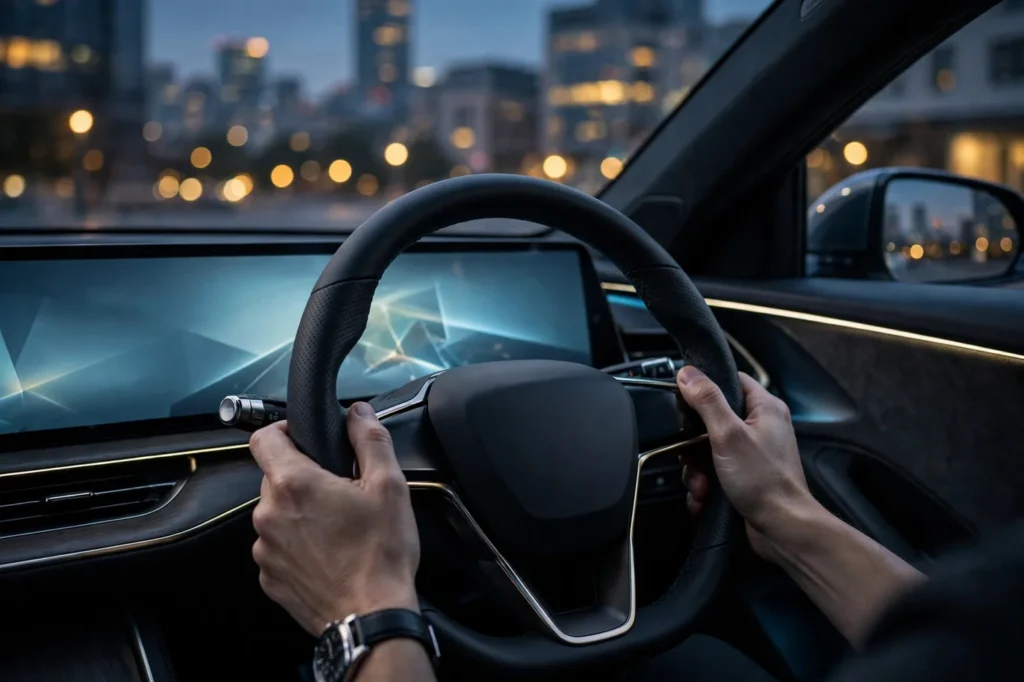 Automotive Cybersecurity & Connected Vehicles connected vehicles dashboard and steering wheel showing digital vehicle systems
