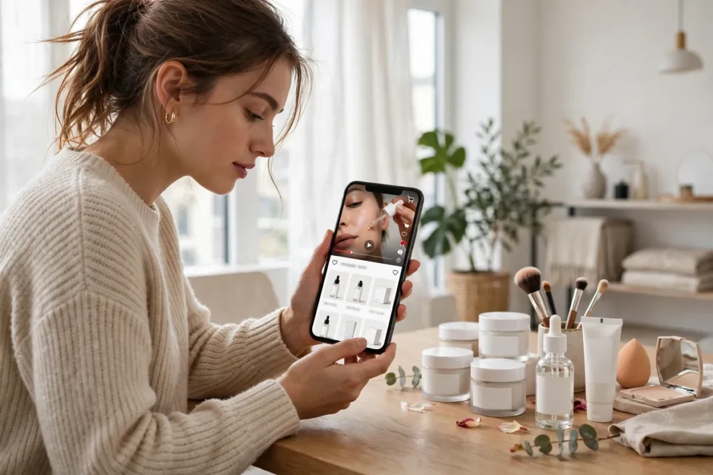 TikTok Shop beauty shopping on a phone, with a beauty creator demonstrating skincare products in a short video